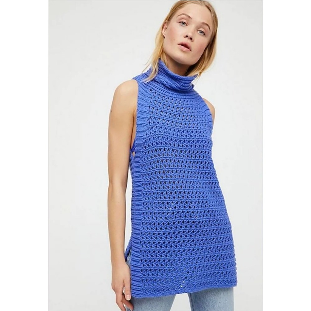 Free People Royal Blue Sleeveless Turtleneck Crochet Knit Sweater Tunic Large
